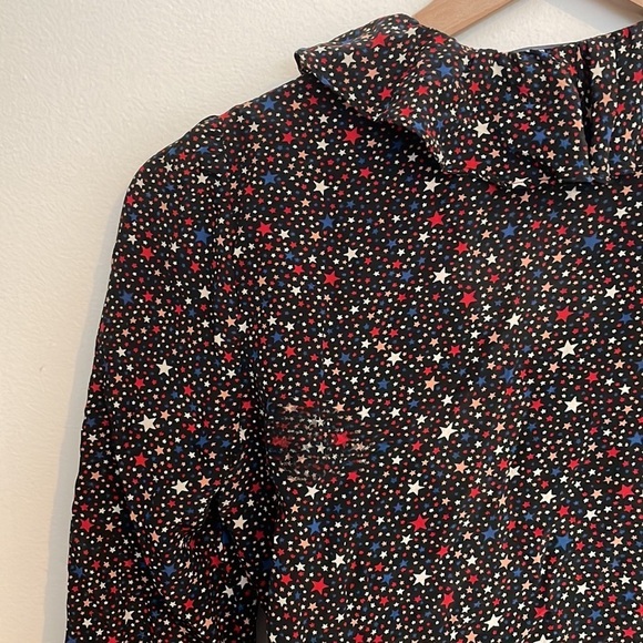 Madewell | 100% Silk Starry Night K0208 Wrap Peplum Ruffle Blouse Blue Red XXS - Picture 14 of 16